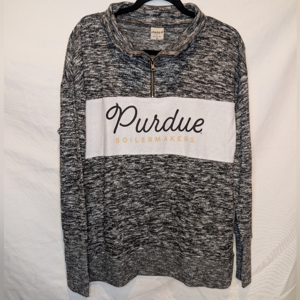 Gray and White Zip Up Sweater with Purdue Branding